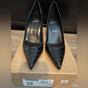 Christian Louboutin Black Croc-Embossed Pointed Toe Pumps NIB
